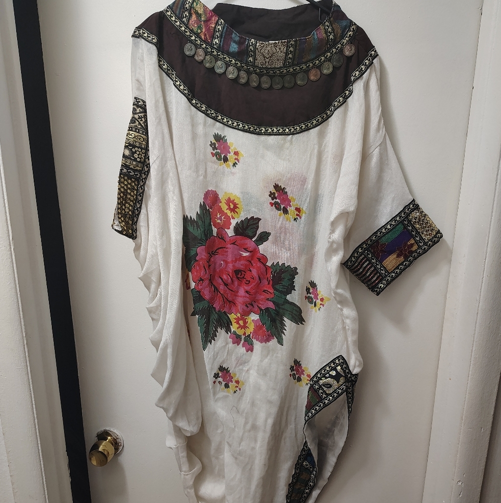 Bohemian Floral Women's Tunic with Coin Accents